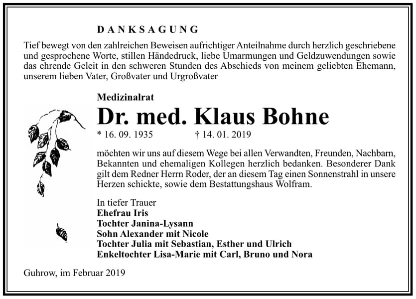 Traueranzeige Dr. med. Klaus Bohne