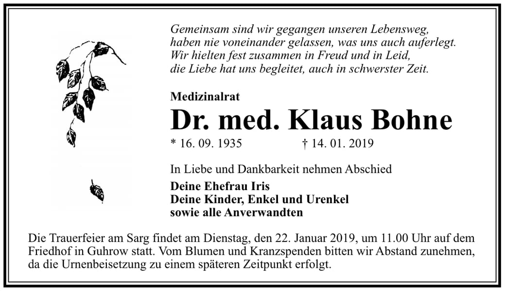 Traueranzeige Dr. med. Klaus Bohne