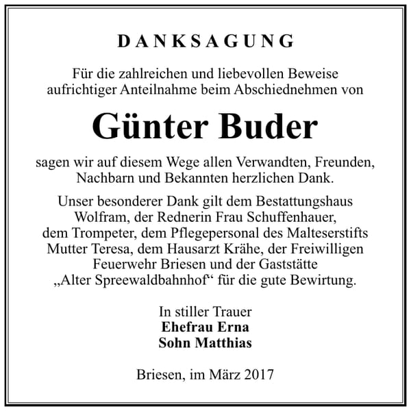 Danksagung Günter Buder