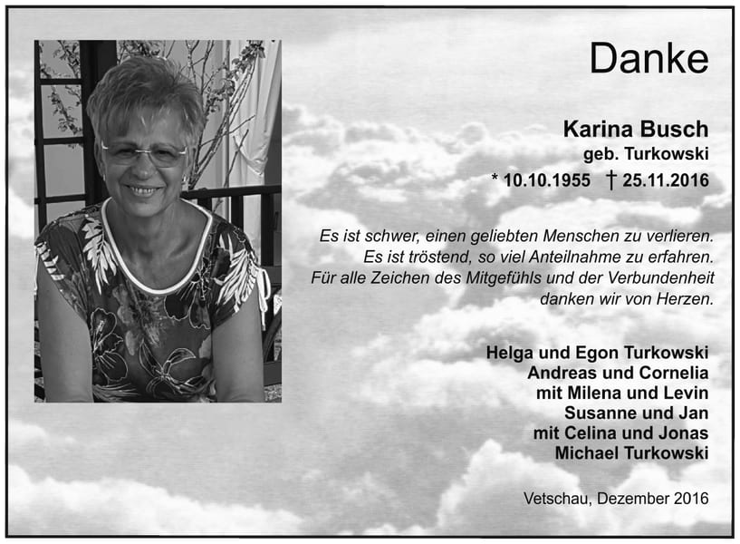 Danksagung Karina Busch, geb. Turkowski