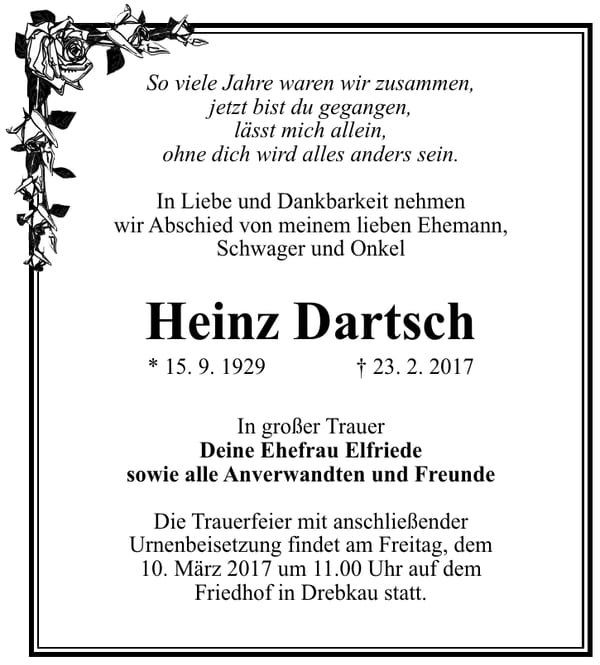 Traueranzeige Heinz Dartsch