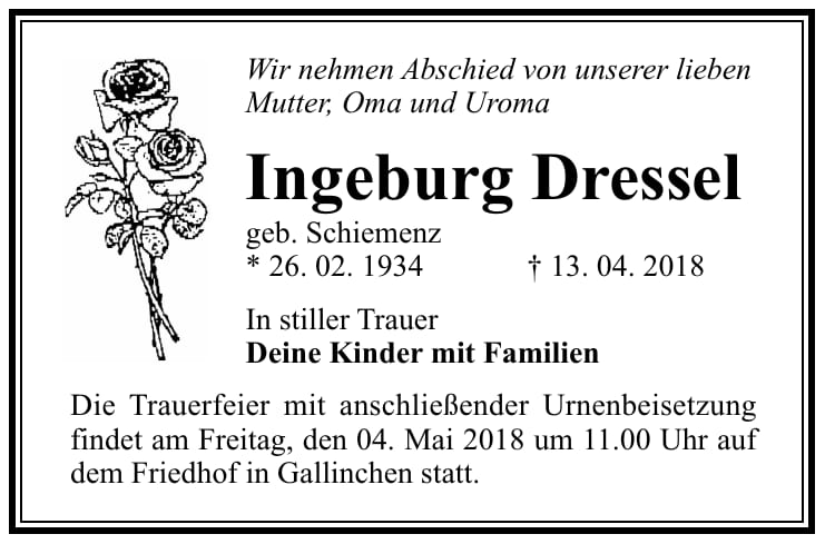 Traueranzeige Ingeburg Dressel, geb. Schiemenz