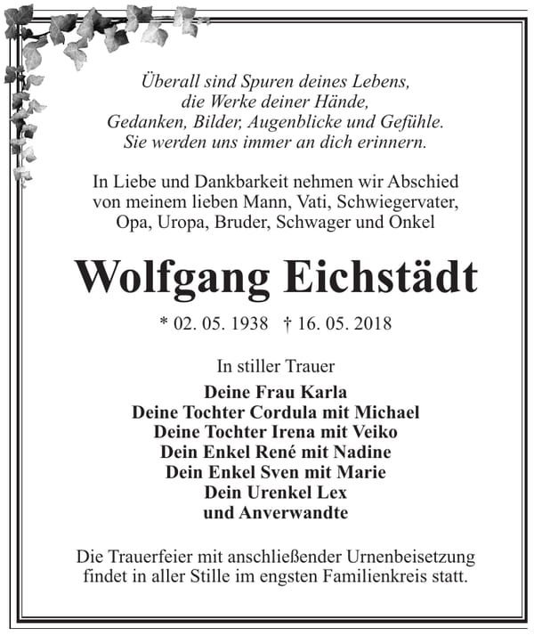 Traueranzeige Wolfgang Eichstädt