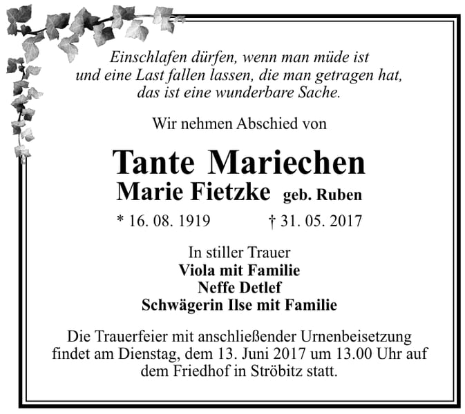 Traueranzeige Marie Fietzke, geb. Ruben