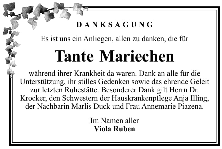 Danksagung Tante Mariechen