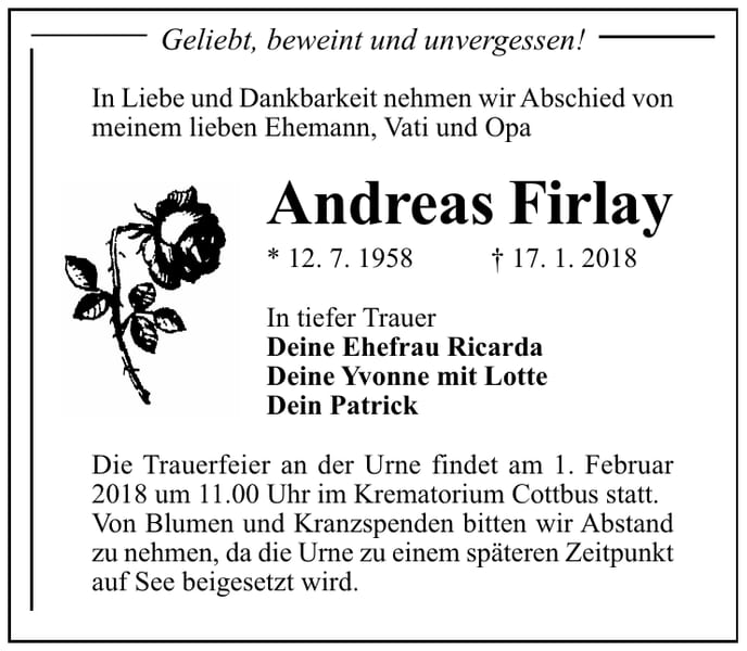 Traueranzeige Andreas Firlay