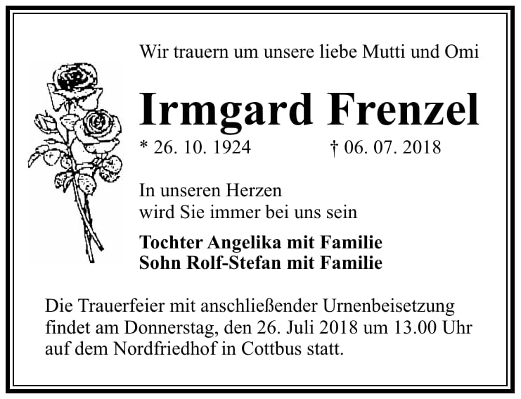 Traueranzeige Irmgard Frenzel