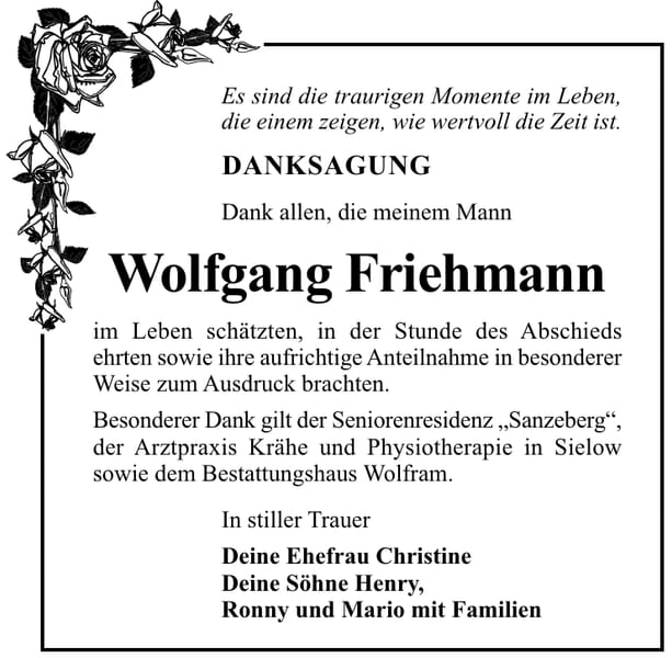 Danksagung Wolfgang Friehmann