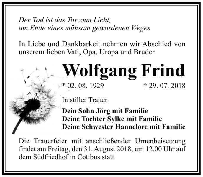 Traueranzeige Wolfgang Frind