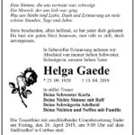 Traueranzeige Helga Gaede