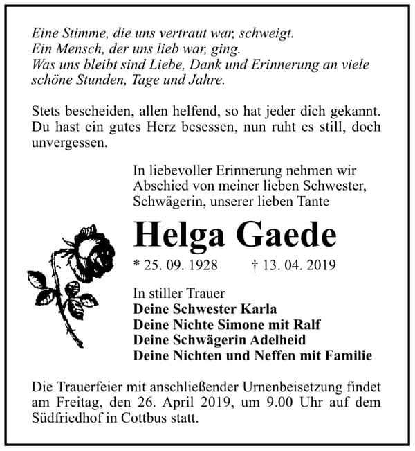 Traueranzeige Helga Gaede