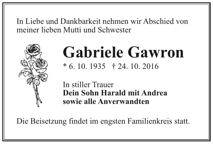 Traueranzeige Gabriele Gawron