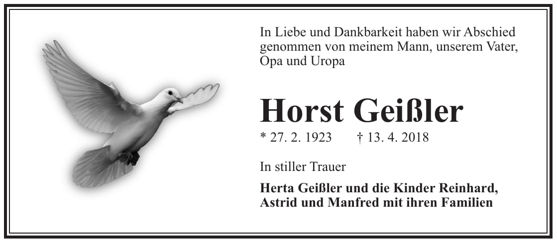 Traueranzeige Horst Geißler