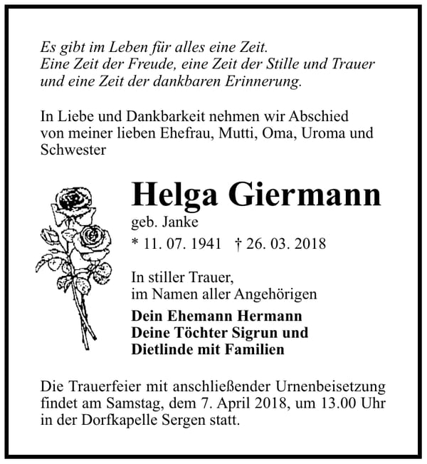 Traueranzeige Helga Giermann, geb. Janke