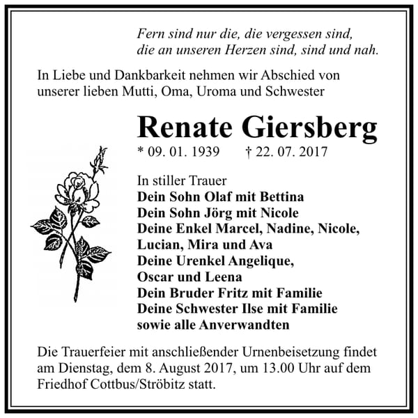 Traueranzeige Renate Giersberg