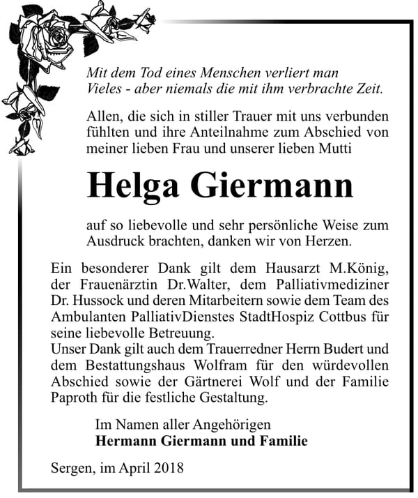 Danksagung Helga Giermann