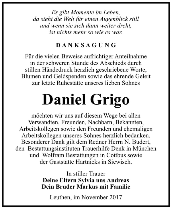 Danksagung Daniel Grigo