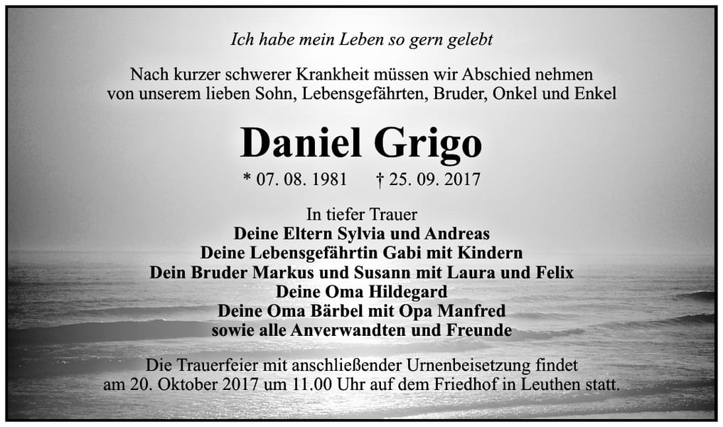 Traueranzeige Daniel Grigo