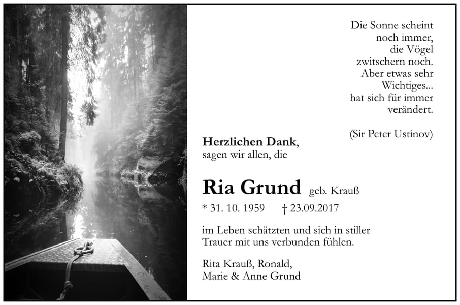 Danksagung Ria Grund, geb. Krauß