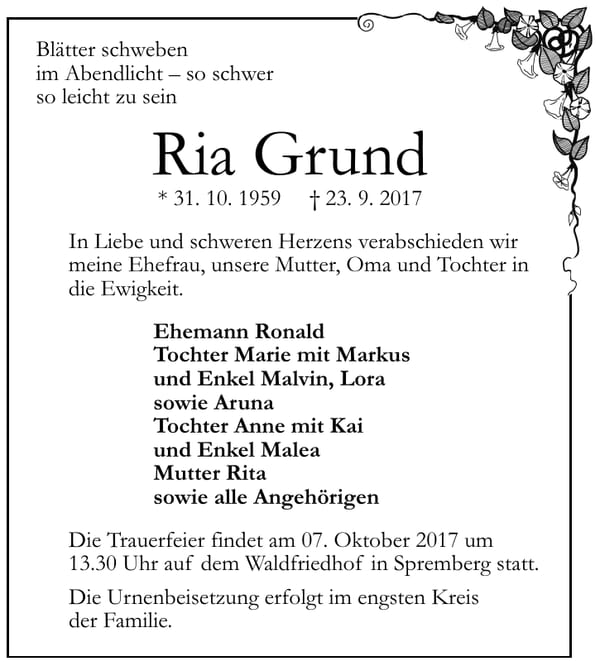 Traueranzeige Ria Grund