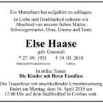 Traueranzeige Else Haase, geb. Gramsch