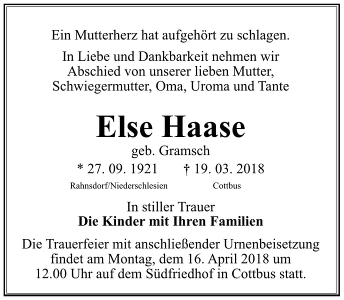 Traueranzeige Else Haase, geb. Gramsch