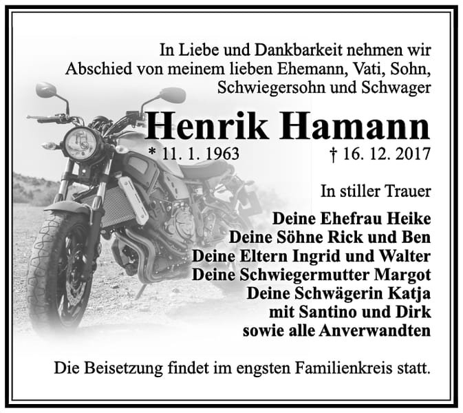 Traueranzeige Henrik Hamann