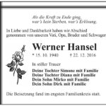 Traueranzeige Werner Hansel