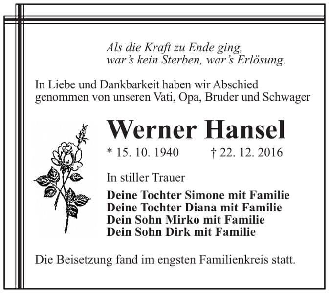 Traueranzeige Werner Hansel