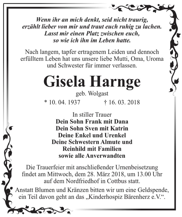 Traueranzeige Gisela Harnge, geb. Wolgast