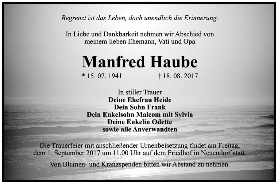 Traueranzeige Manfred Haube