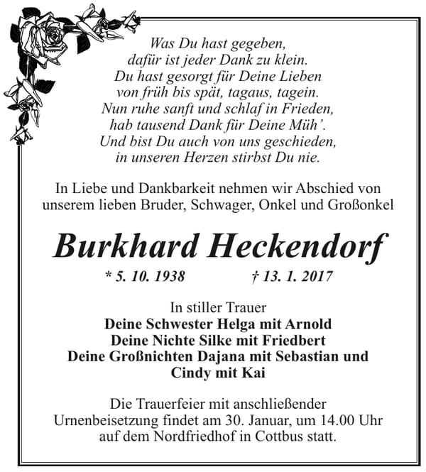 Traueranzeige Burkhard Heckendorf