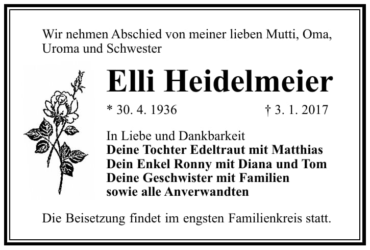 Traueranzeige Elli Heidelmeier