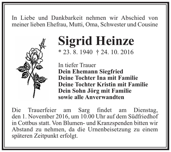 Traueranzeige Sigrid Heinze