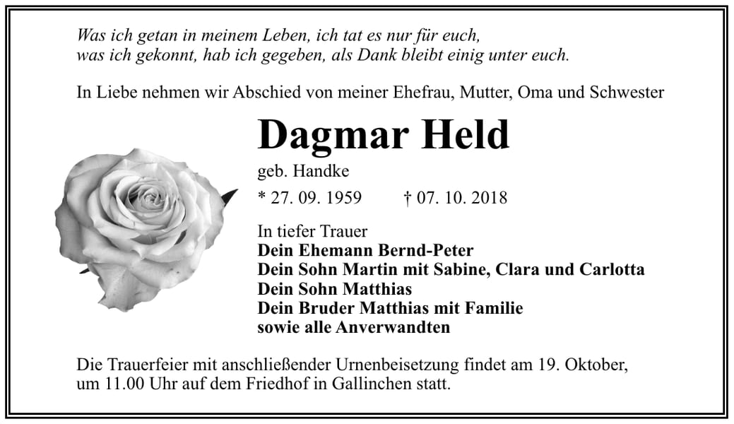 Traueranzeige Dagmar Held, geb. Handke