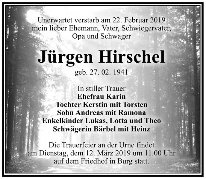 Traueranzeige Jürgen Hirschel