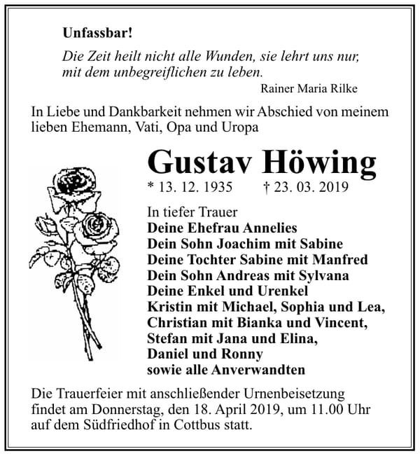 Traueranzeige Gustav Höwing