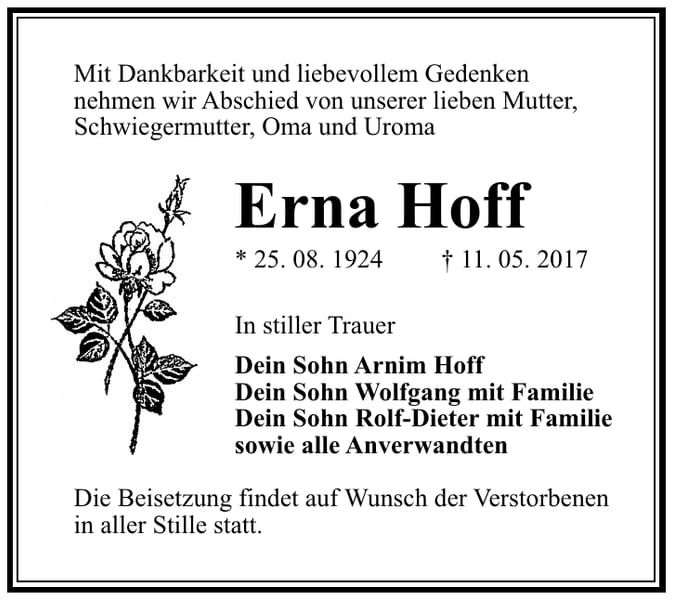 Traueranzeige Erna Hoff