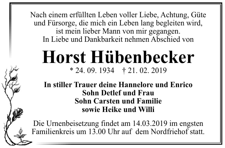Traueranzeige Horst Hübenbecker