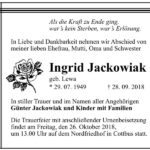 Traueranzeige Ingrid Jackowiak, geb. Lewa
