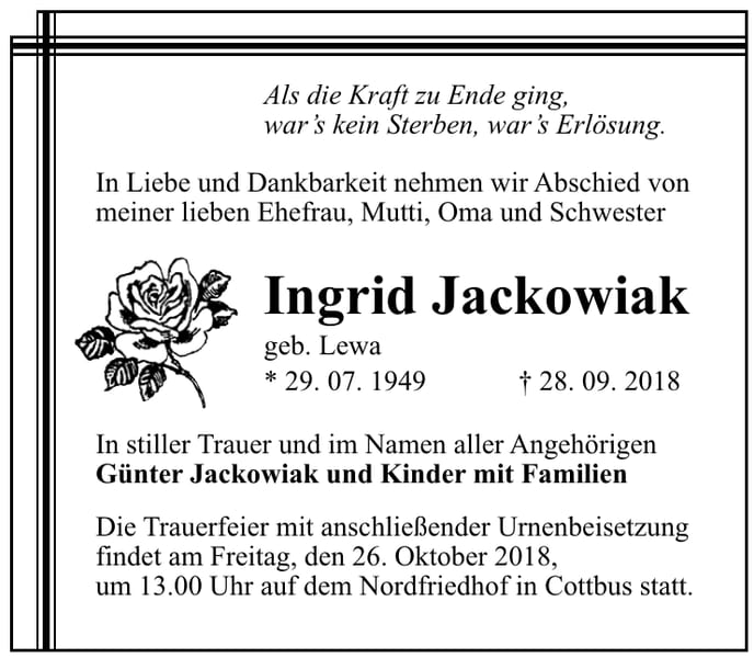 Traueranzeige Ingrid Jackowiak, geb. Lewa