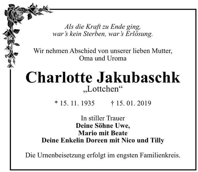 Traueranzeige Charlotte Jakubaschk