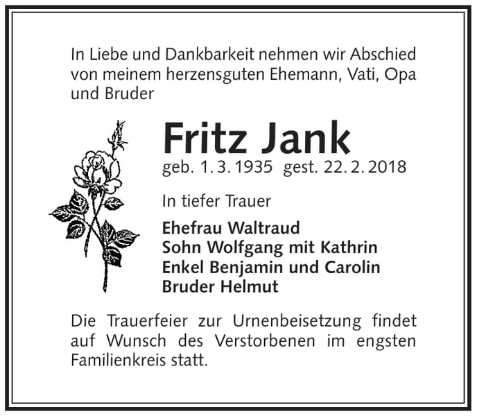 Traueranzeige Fritz Jank