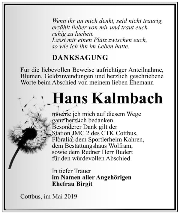Traueranzeige Hans Kalmbach