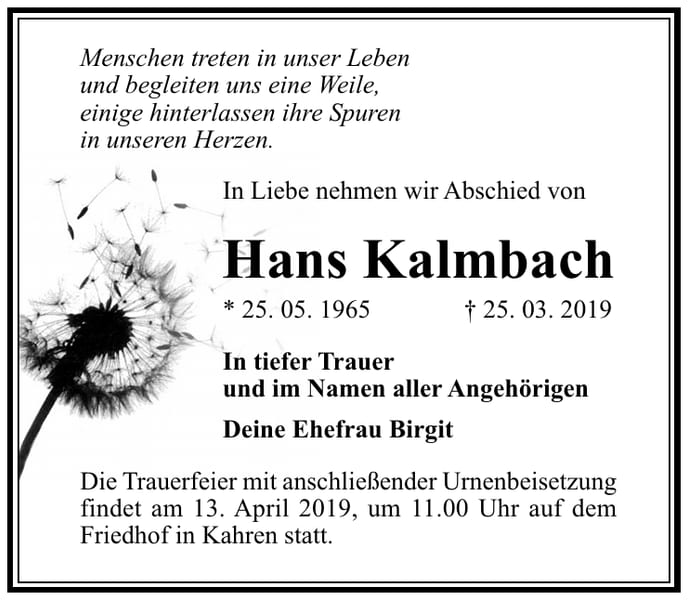 Traueranzeige Hans Kalmbach