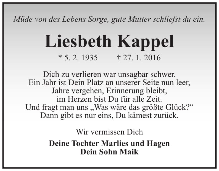 Traueranzeige Liesbeth Kappel