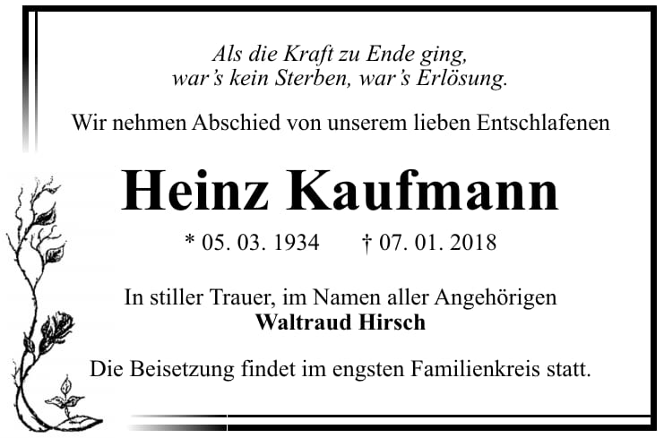 Traueranzeige Heinz Kaufmann