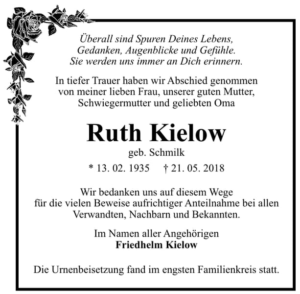 Danksagung Ruth Kielow, geb. Schmilk