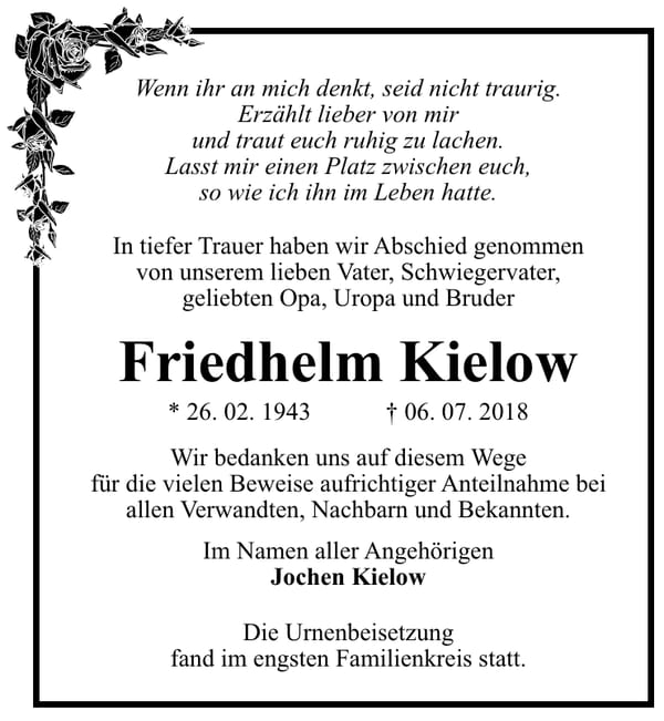 Danksagung Friedhelm Kielow