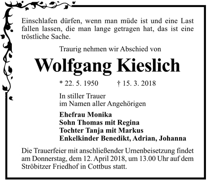 Traueranzeige Wolfgang Kieslich
